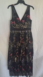 Ted Baker London Black Floral V-Neck Pleated Midi Dress with Pink Accents